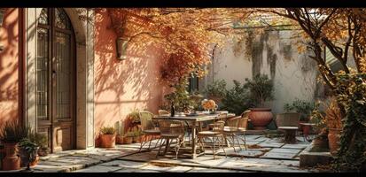 AI generated a dining setting set up in a backyard garden photo