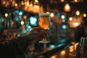 ai generado un barman sostiene arriba un vaso de cerveza en frente de un bar foto