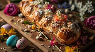 AI generated a bread with some flowers and easter eggs on top photo