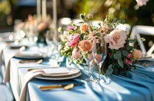 ai generado un azul mesa paño con blanco sillas y rosado flores foto