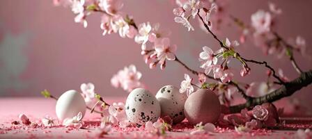 AI generated a cherry tree and white pink eggs on a pink background photo