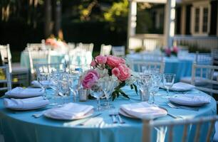 AI generated a blue table cloth with white chairs and pink flowers photo