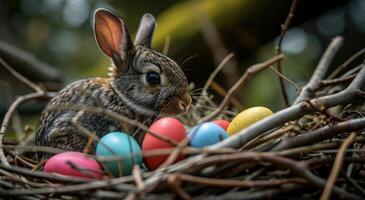 ai generado un pequeño Conejo es sentado en un nido con de colores huevos foto