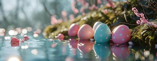 AI generated a group of colorful easter eggs stand beside a pond photo