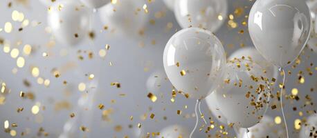 AI generated a frame of white balloons with gold confetti. photo