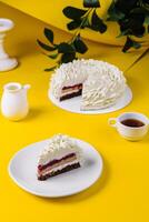 Layered Mousse Cake and tea cup photo