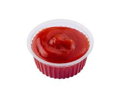 picante tomate salsa en un transparente cazuela foto