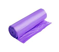 Purple roll of garbage bags isolated on white photo