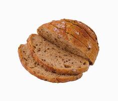 Flat-lay of freshly baked sourdough bread loaf and bread slices photo