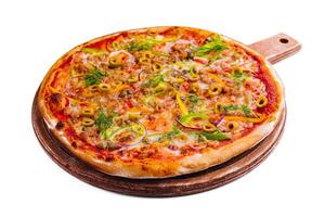 Fresh tuna pizza on a wooden board isolated photo