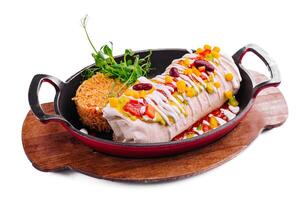 Beef Burrito Dinner with rice on pan photo