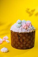 Traditional Easter cakes with meringue on yellow background photo