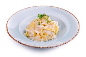 Tagliatelle pasta with cream sauce and parmesan cheese photo
