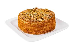 Cake with walnuts and honey on plate photo