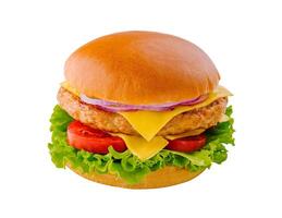 Big hamburger with chicken cutlet on white background photo