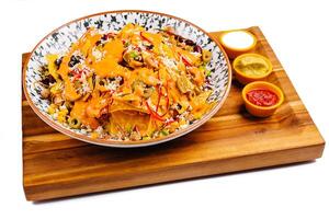 Mexican nachos with salsa and guacamole photo