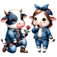 ai generato acquerello carino bello coppia mucca clipart ai generativo png