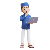 3D Characters of Muslim Man confuse while working on a laptop perfect for banner, web dan marketing material png