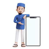 3D Characters of Muslim Man presenting and  laying on big empty phone screen perfect for banner, web dan marketing material png