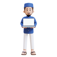 3D Characters of Muslim Man holding a laptop with empty screen perfect for banner, web dan marketing material png