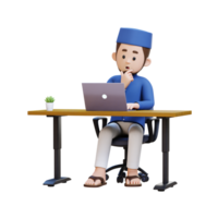 3D Characters of Muslim Man thinking and working on a laptop in working desk perfect for banner, web dan marketing material png