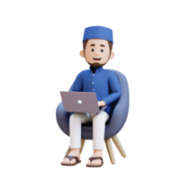 3D Characters of Muslim Man sit on sofa and working on a laptop perfect for banner, web dan marketing material png