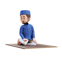 3D Characters of Muslim Man is in last tahiyat sitting during prayer and give salam to the right in ramadan perfect for banner, web dan marketing material png