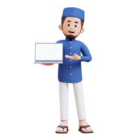 3D Characters of Muslim Man presenting on empty computer screen perfect for banner, web dan marketing material png