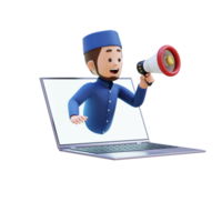 3D Characters of Muslim Man holding  megaphone and jump out from computer screen perfect for banner, web dan marketing material png