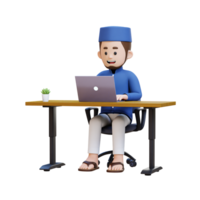 3D Characters of Muslim Man working on a laptop in working desk perfect for banner, web dan marketing material png