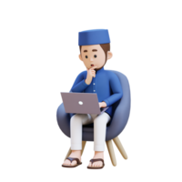 3D Characters of Muslim Man sit on sofa confuse thinking and working on a laptop perfect for banner, web dan marketing material png