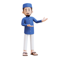 3d personagens do muçulmano homem apresentando para a esquerda lado perfeito para bandeira, rede dan marketing material png