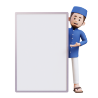 3D Characters of Muslim Man presenting on blank placard perfect for banner, web dan marketing material png