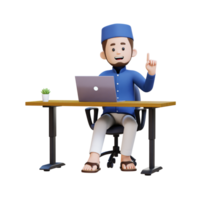 3D Characters of Muslim Man got idea and working on a laptop in working desk perfect for banner, web dan marketing material png