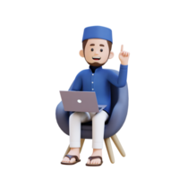 3D Characters of Muslim Man working on a laptop and pointing up perfect for banner, web dan marketing material png