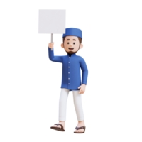 3d personaggi di musulmano uomo Tenere vuoto cartellone mentre a piedi Perfetto per striscione, ragnatela dan marketing Materiale png