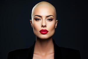 AI generated Woman with bald head and red lipstick on her lips. Generative AI photo