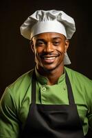 ai generado hombre en del chef sombrero sonriente para fotografía. generativo ai foto