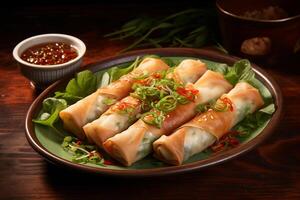 AI generated Gourmet Palette Cinematic Mastery of Beautifully Crafted Spring Rolls photo