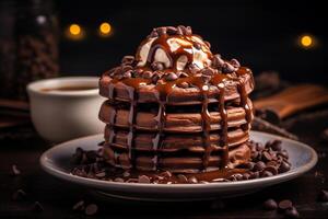 AI generated Warming Comfort Steam-Ringed Stack of Melty Chocolate Waffles photo