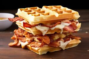 AI generated Savory Stack Fast-Food Scene with Waffle Encased Goodness photo