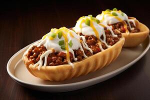 AI generated Comfort Fusion Hearty Chili and Cheese in Waffle Boats photo