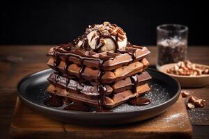 AI generated Rustic Indulgence Chocolate Waffle Stack Amidst Rich Contrasts photo