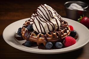 AI generated Indulgent Temptation Rich Chocolate Waffles with Berries and Cream photo