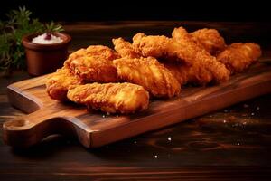 AI generated Wooden Elegance Chicken Tenders on Rustic Board photo