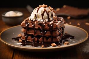 AI generated Texture Play Cocoa, Nuts, and Ice Cream Adorn Chocolate Waffles photo