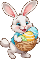 ai gegenereerd schattig konijn Holding een mand van Pasen eieren tekenfilm illustratie in transparant achtergrond PNG