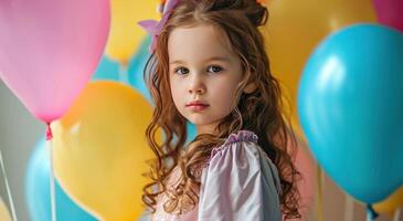 ai generado pequeño niña posando con globos foto