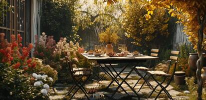 AI generated a dining setting set up in a backyard garden photo