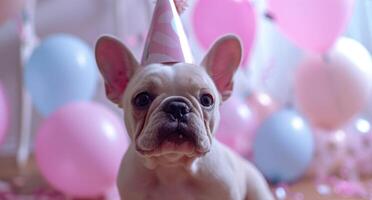 ai generado un pequeño francés buldog vistiendo un cumpleaños sombrero foto